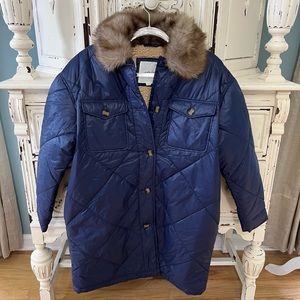 Aerie Blue Puffer Jacket with Faux Fur Collar